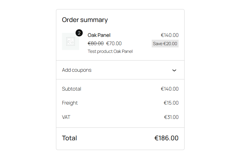 The store checkout order summary showing the quoted price, quoted freight and total