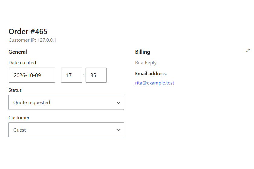 A quote request on the WooCommerce order screen, with the status Quote requested