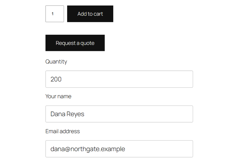 The Request a quote form open under Add to cart on a product page